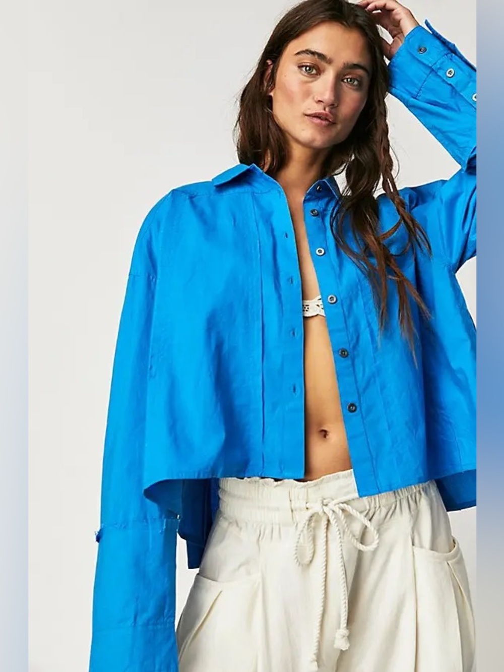 Free People Remade Poplin Shirt Button Down Double Cuff Collared Blue